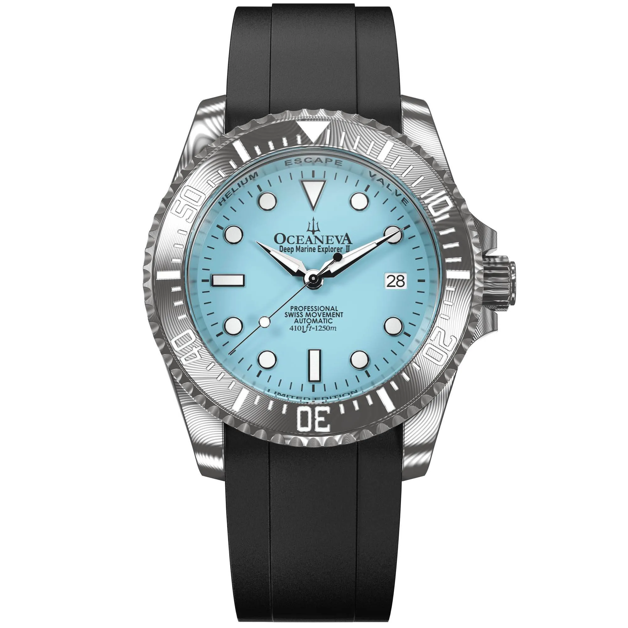 Oceaneva Mens Deep Marine Explorer II Sky Blue Dial Damascus Steel Watch