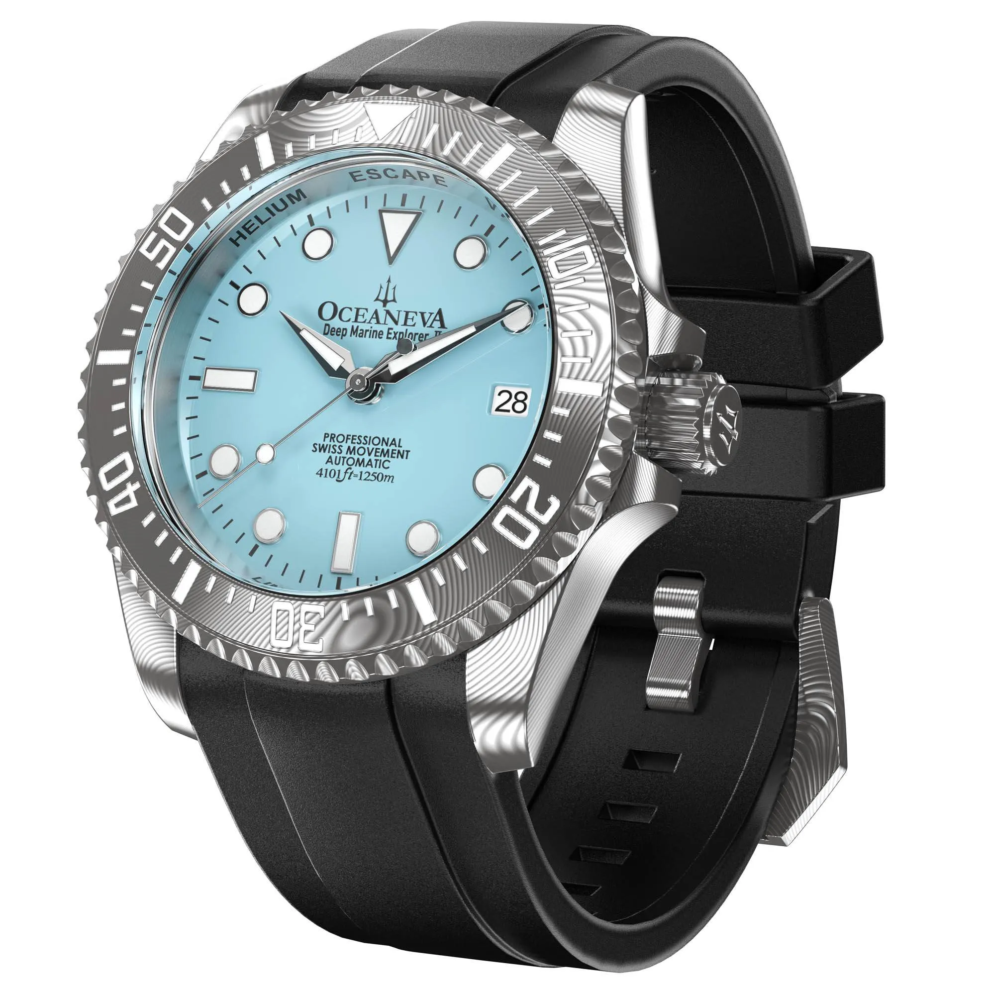 Oceaneva Mens Deep Marine Explorer II Sky Blue Dial Damascus Steel Watch