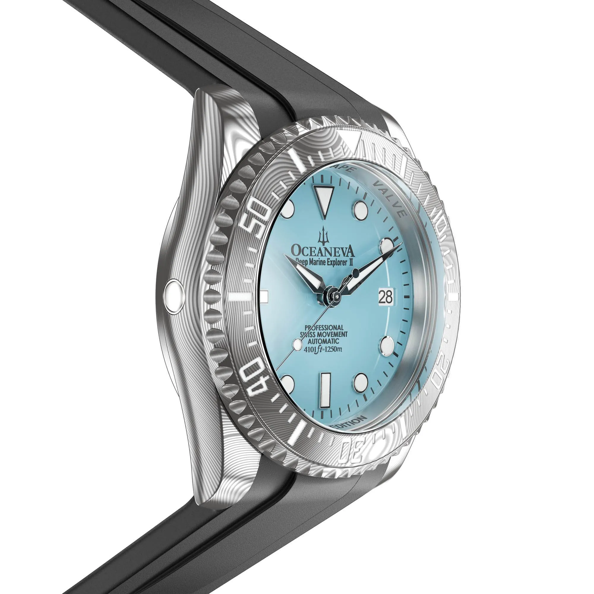 Oceaneva Mens Deep Marine Explorer II Sky Blue Dial Damascus Steel Watch