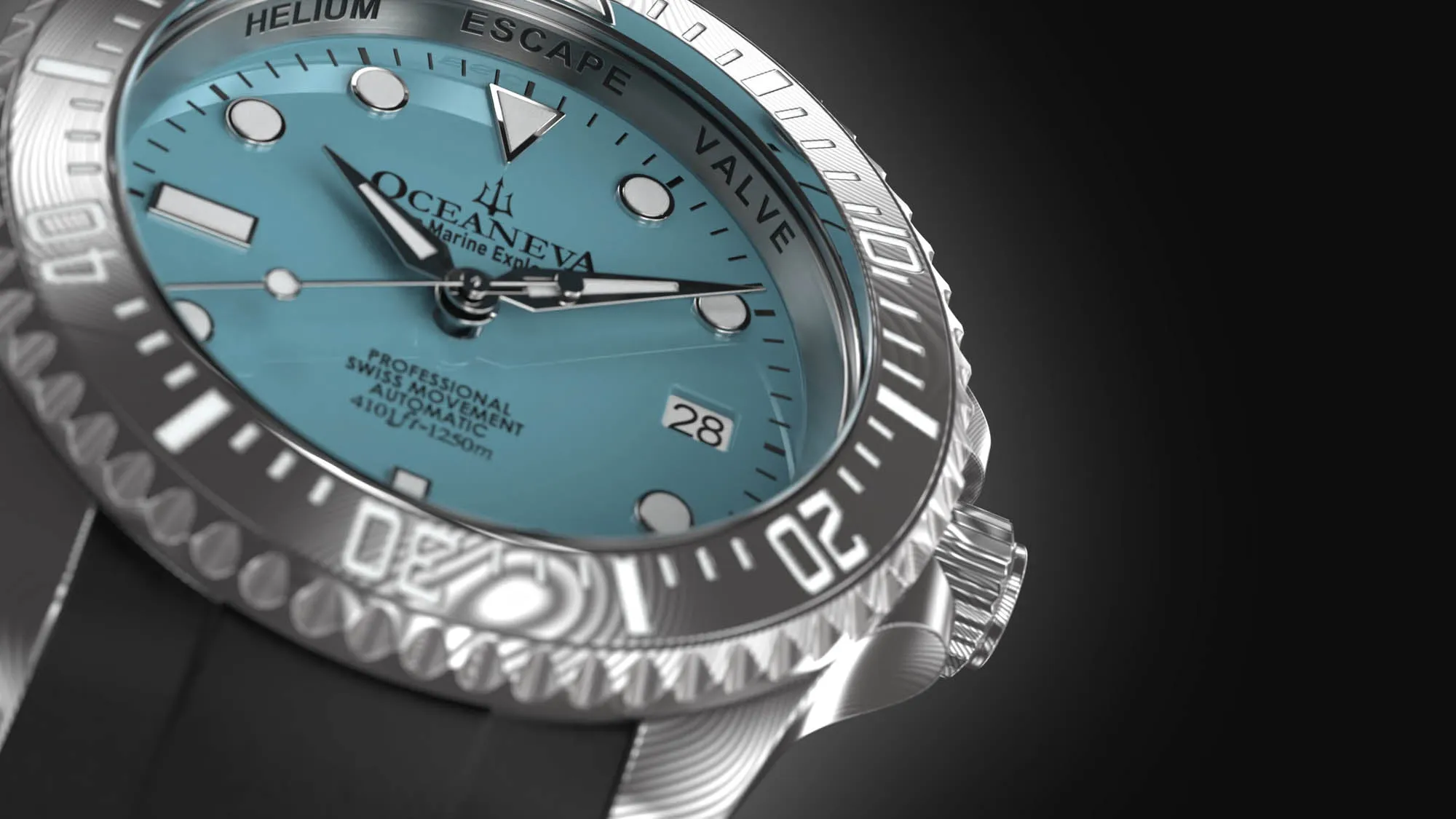 Oceaneva Mens Deep Marine Explorer II Sky Blue Dial Damascus Steel Watch