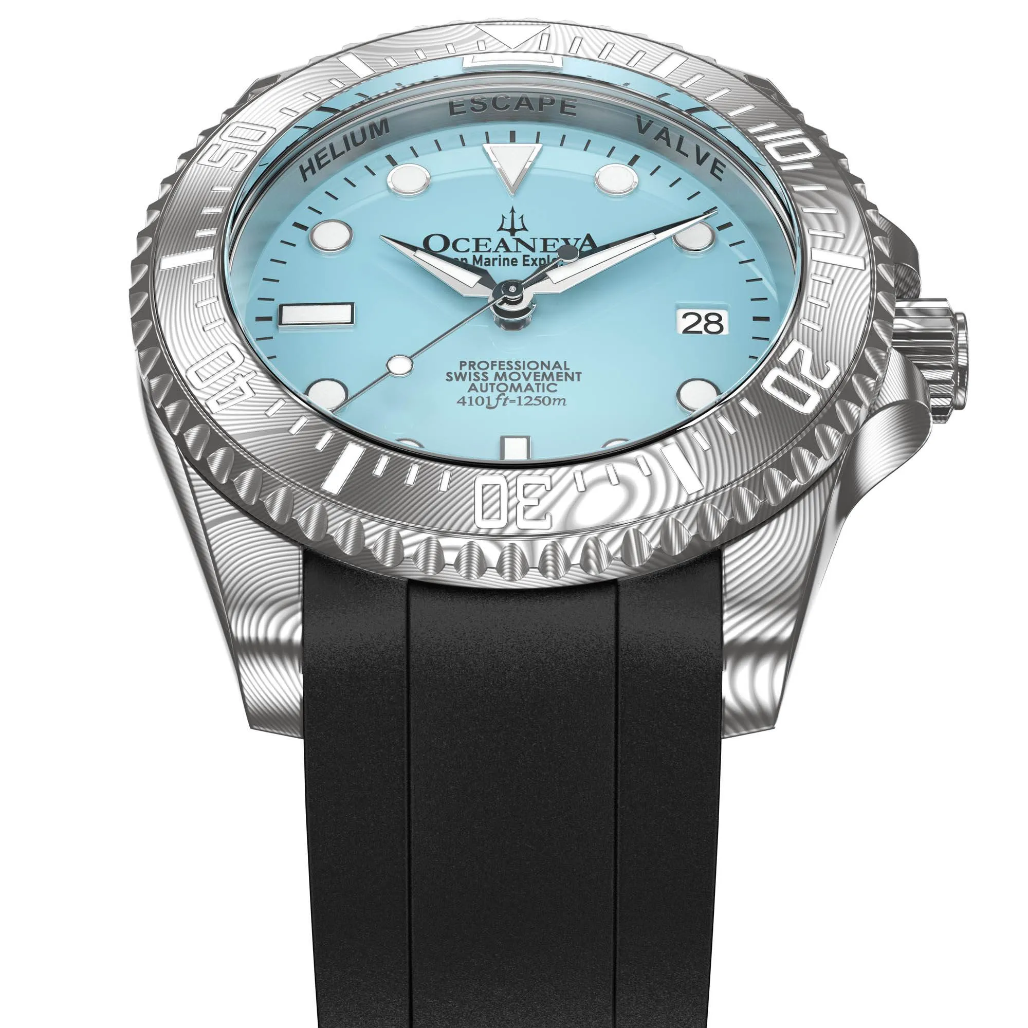 Oceaneva Mens Deep Marine Explorer II Sky Blue Dial Damascus Steel Watch