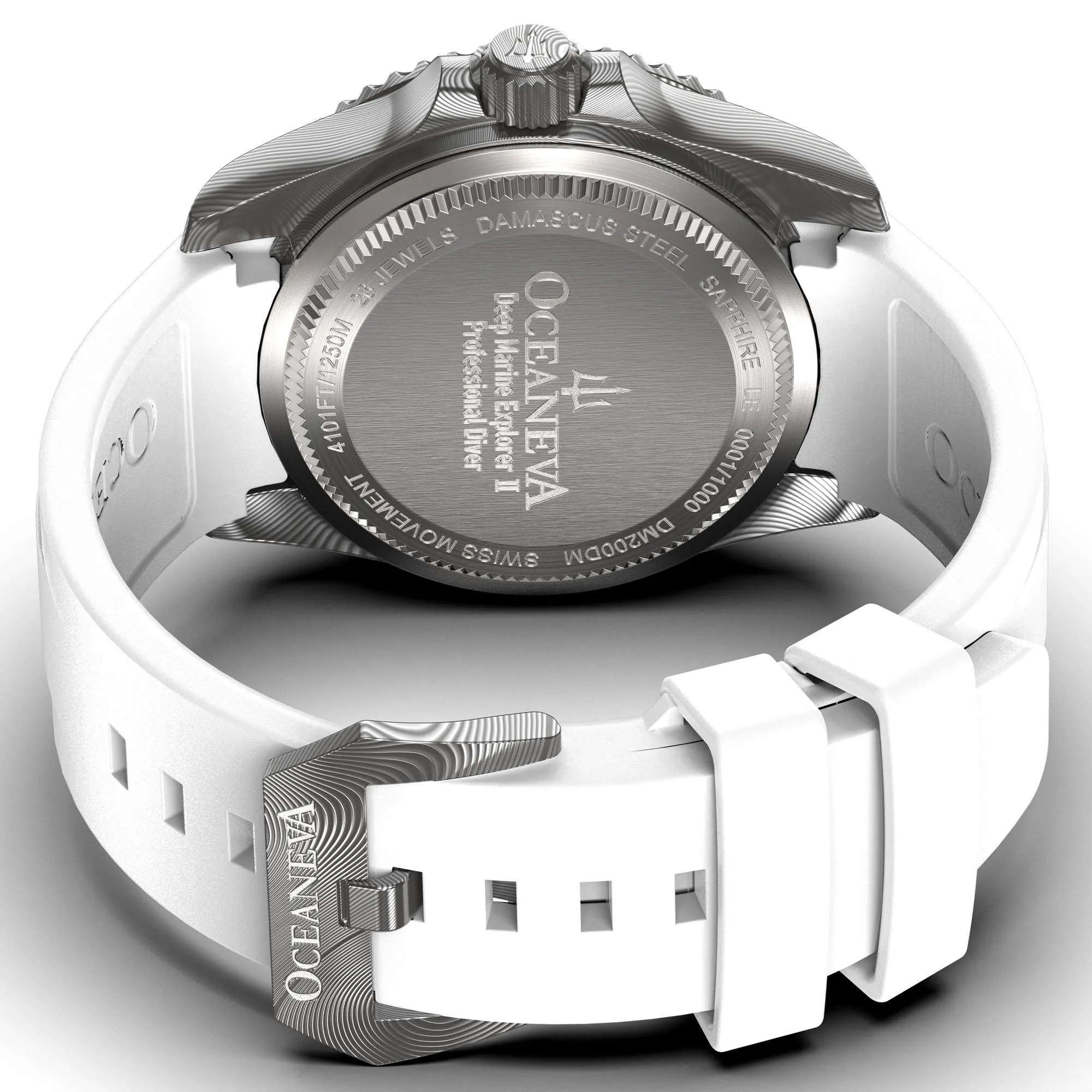 Oceaneva Mens Deep Marine Explorer II White Dial Damascus Steel Watch