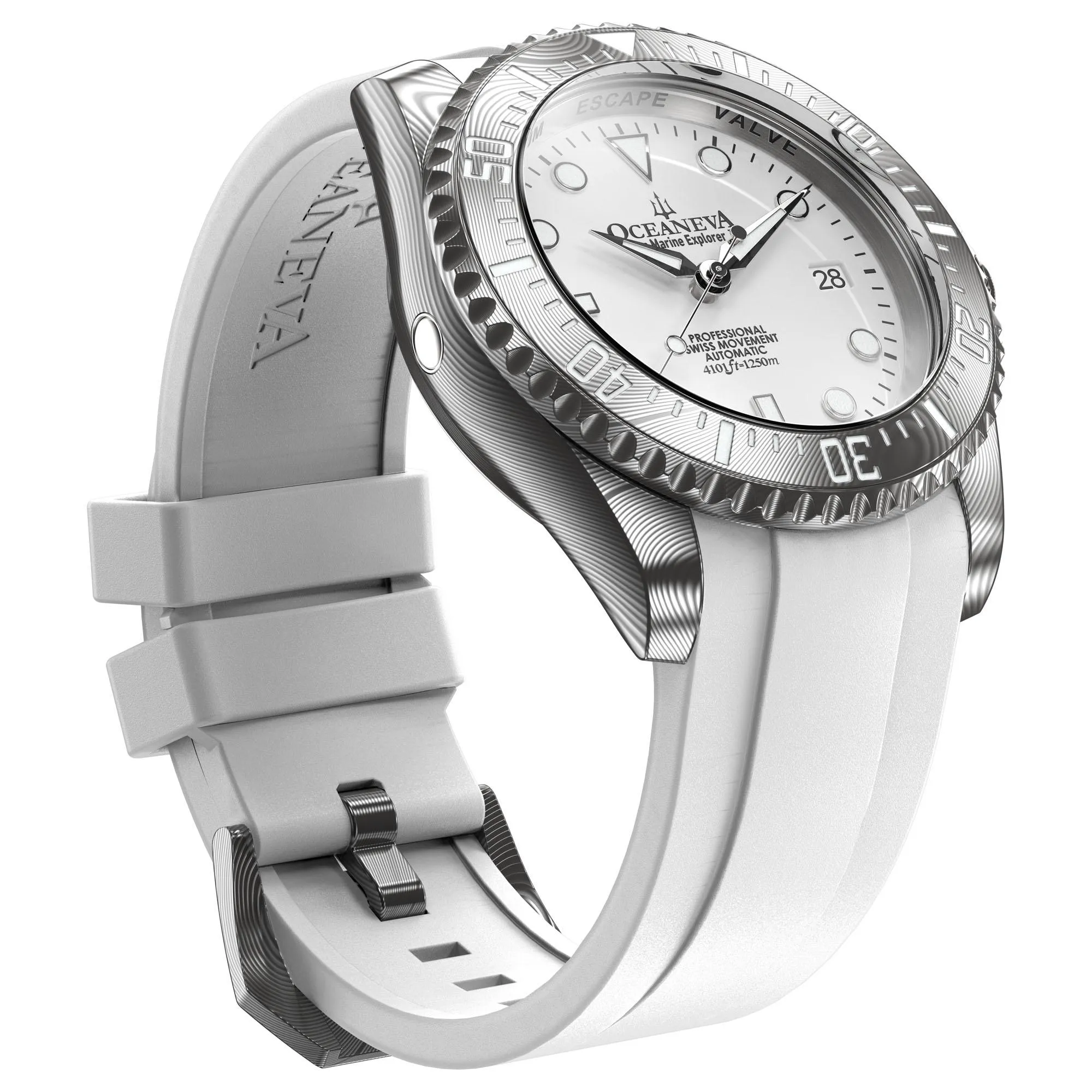 Oceaneva Mens Deep Marine Explorer II White Dial Damascus Steel Watch