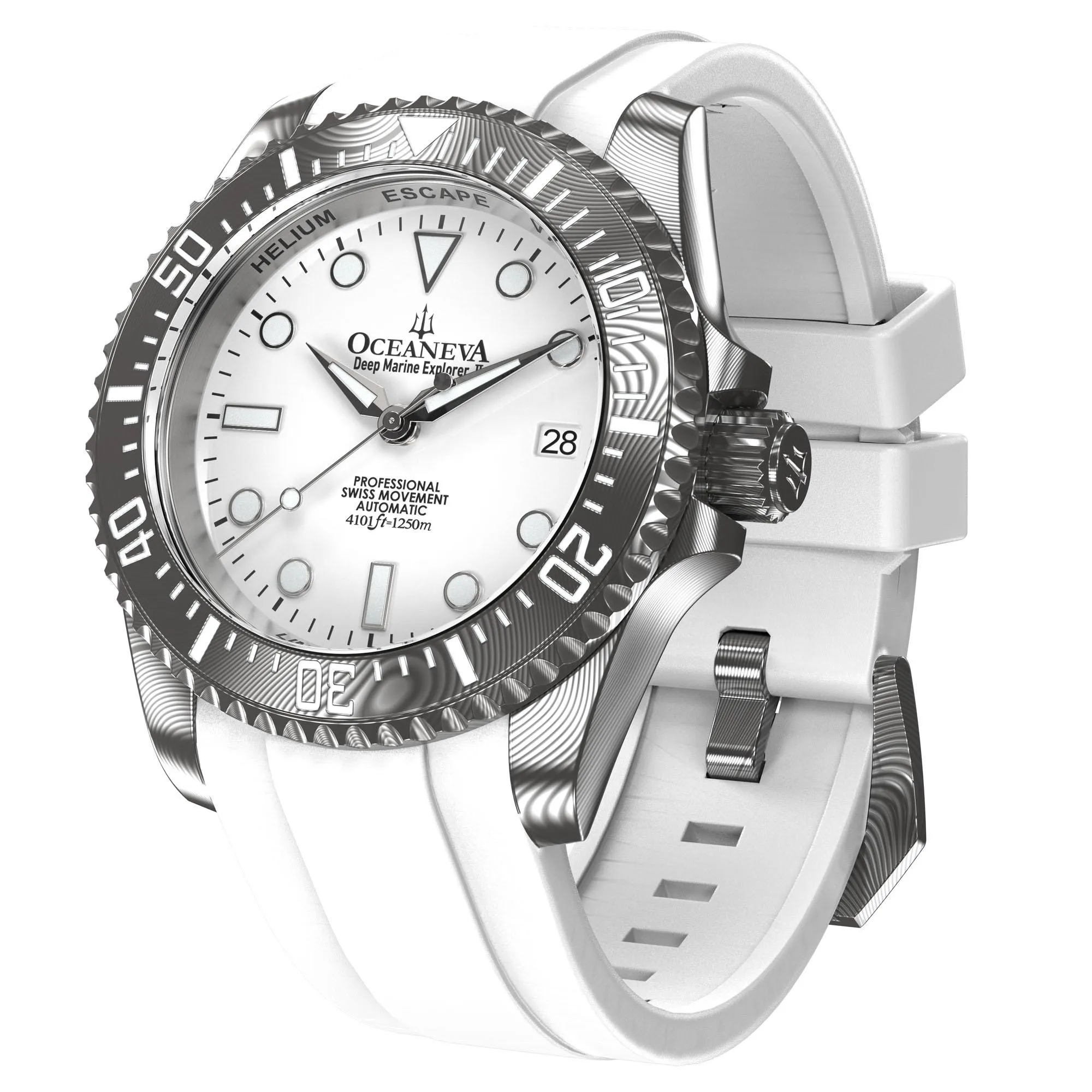 Oceaneva Mens Deep Marine Explorer II White Dial Damascus Steel Watch