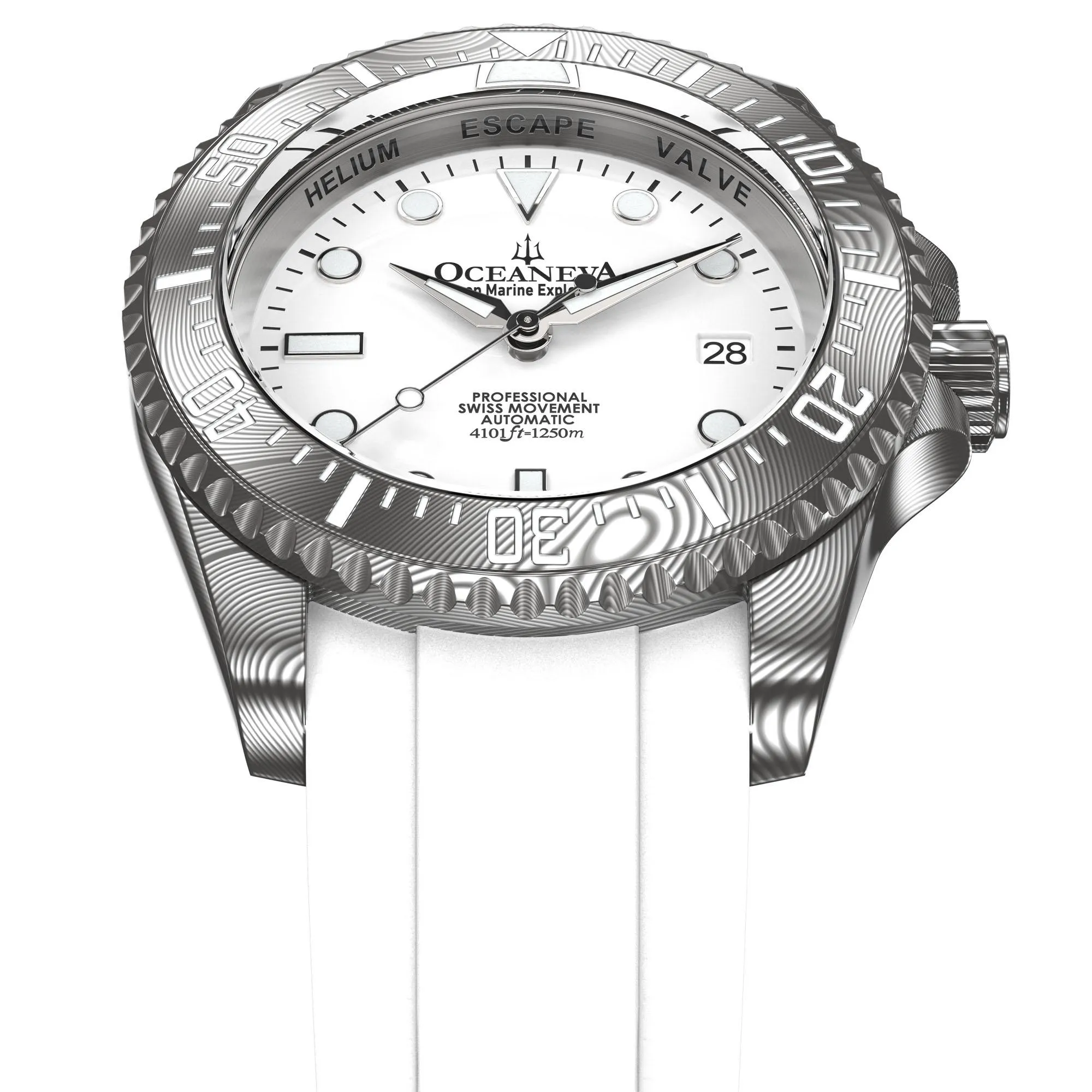 Oceaneva Mens Deep Marine Explorer II White Dial Damascus Steel Watch