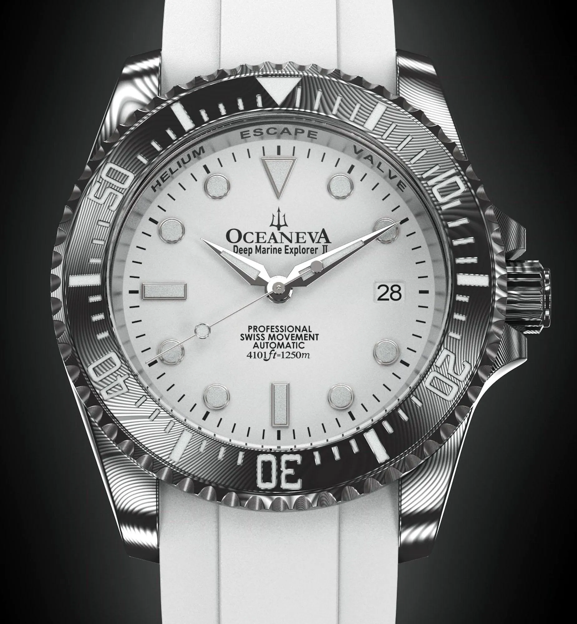 Oceaneva Mens Deep Marine Explorer II White Dial Damascus Steel Watch
