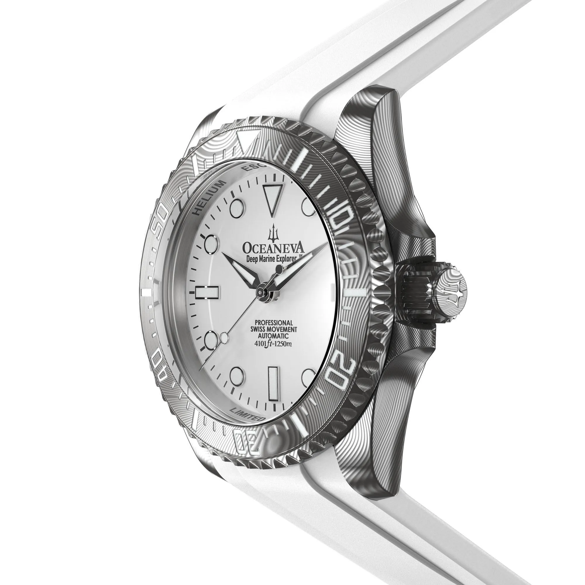 Oceaneva Mens Deep Marine Explorer II White Dial Damascus Steel Watch