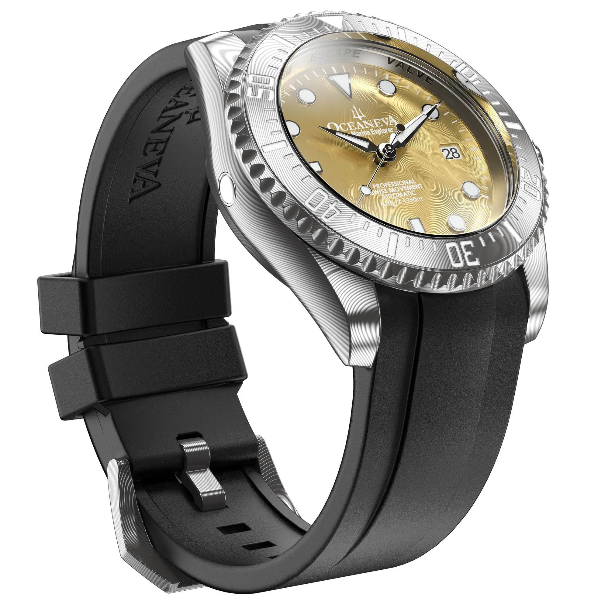Oceaneva Mens Deep Marine Explorer II Yellow Gold Gold Damascus Steel Dial Watch Rubber