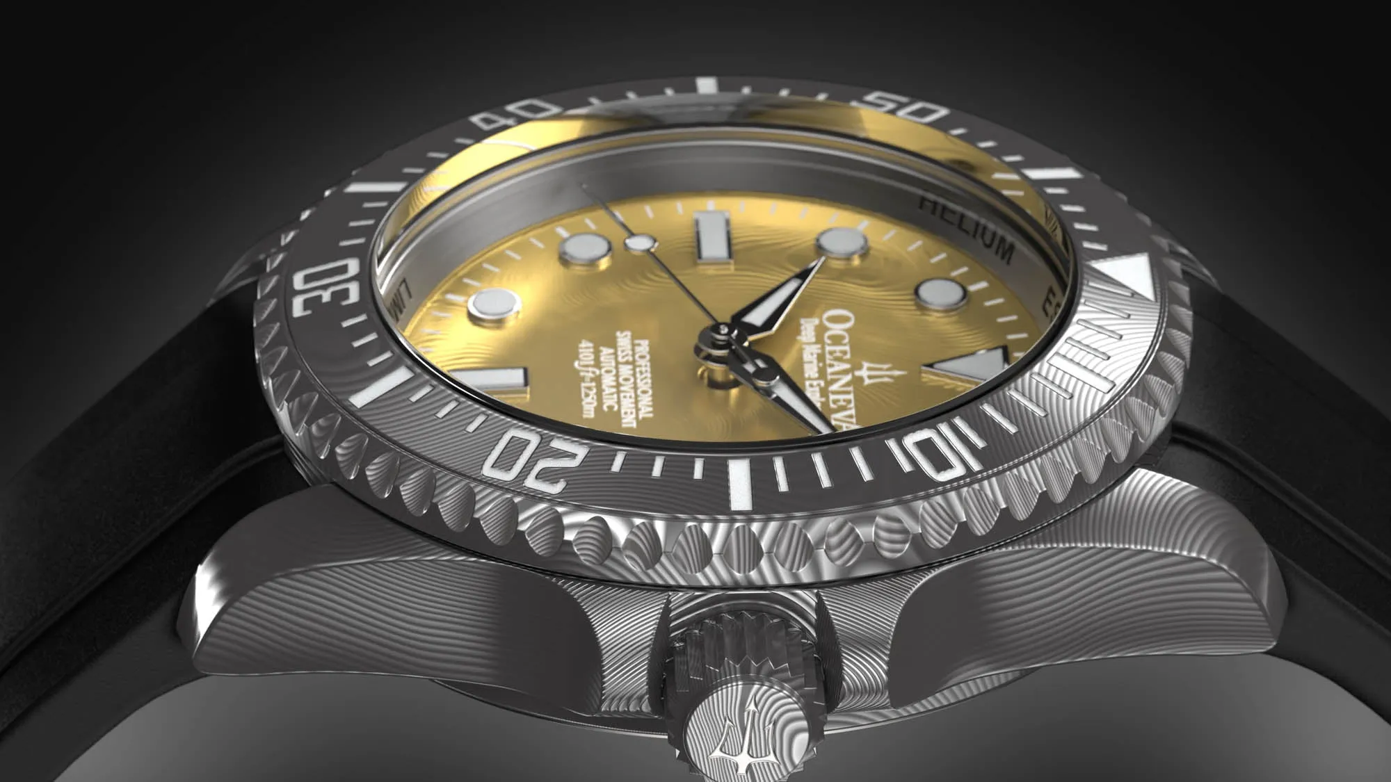 Oceaneva Mens Deep Marine Explorer II Yellow Gold Gold Damascus Steel Dial Watch Rubber