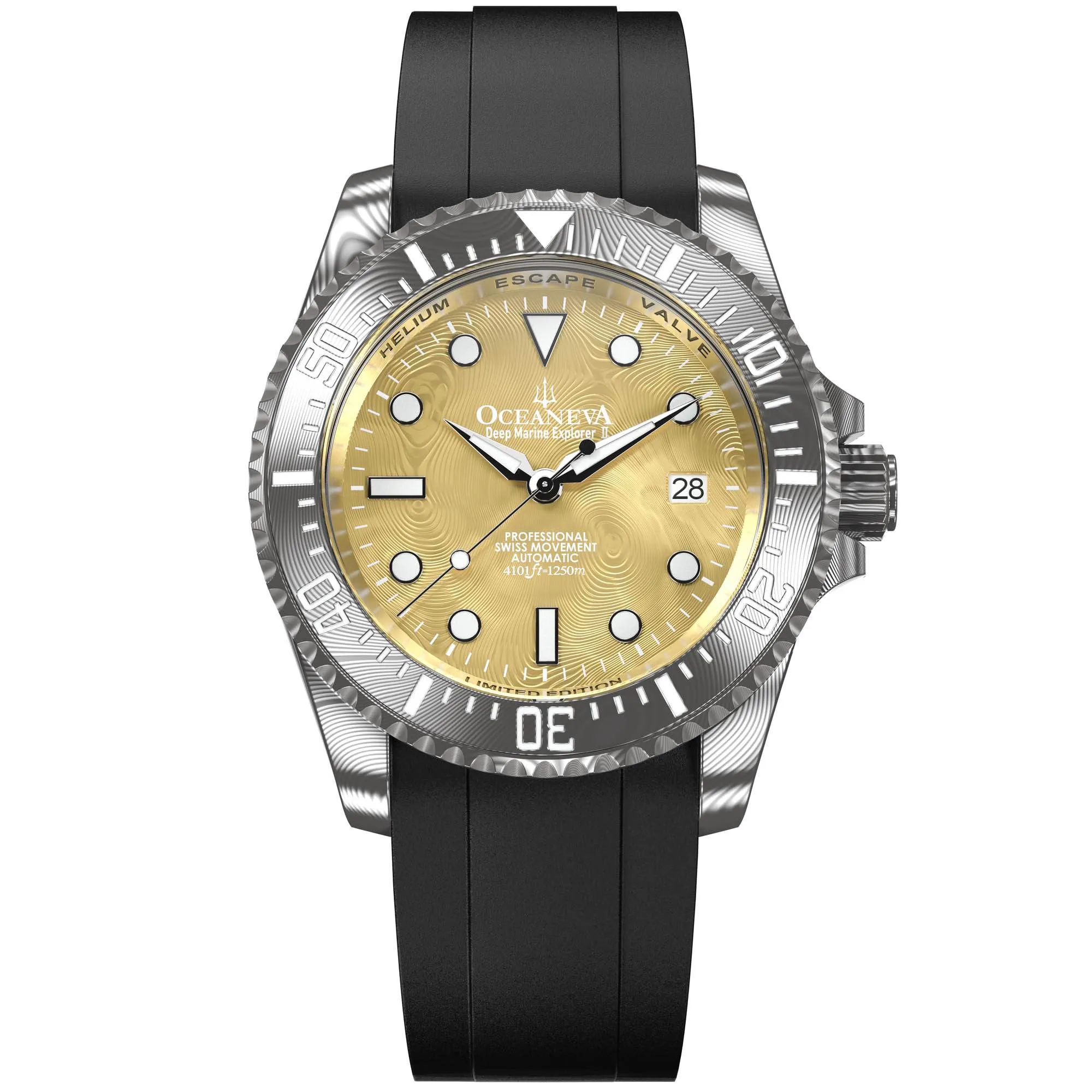 Oceaneva Mens Deep Marine Explorer II Yellow Gold Gold Damascus Steel Dial Watch Rubber