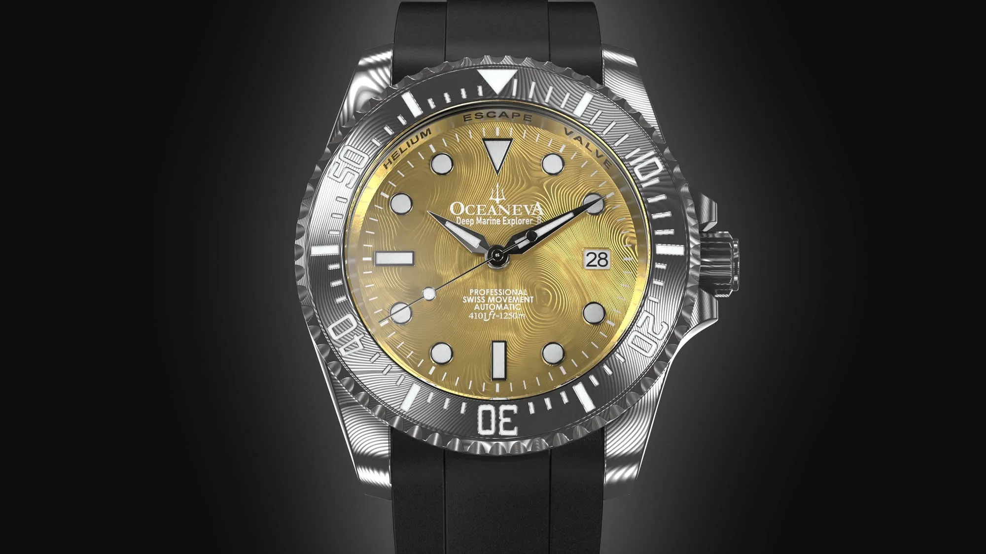 Oceaneva Mens Deep Marine Explorer II Yellow Gold Gold Damascus Steel Dial Watch Rubber