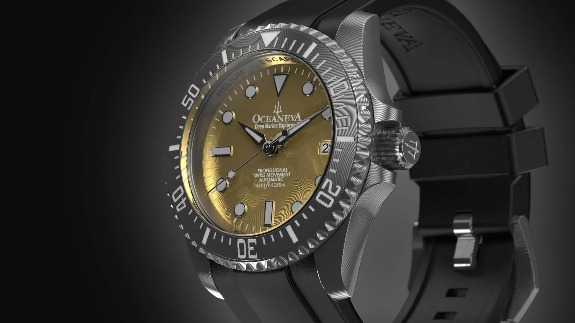 Oceaneva Mens Deep Marine Explorer II Yellow Gold Gold Damascus Steel Dial Watch Rubber
