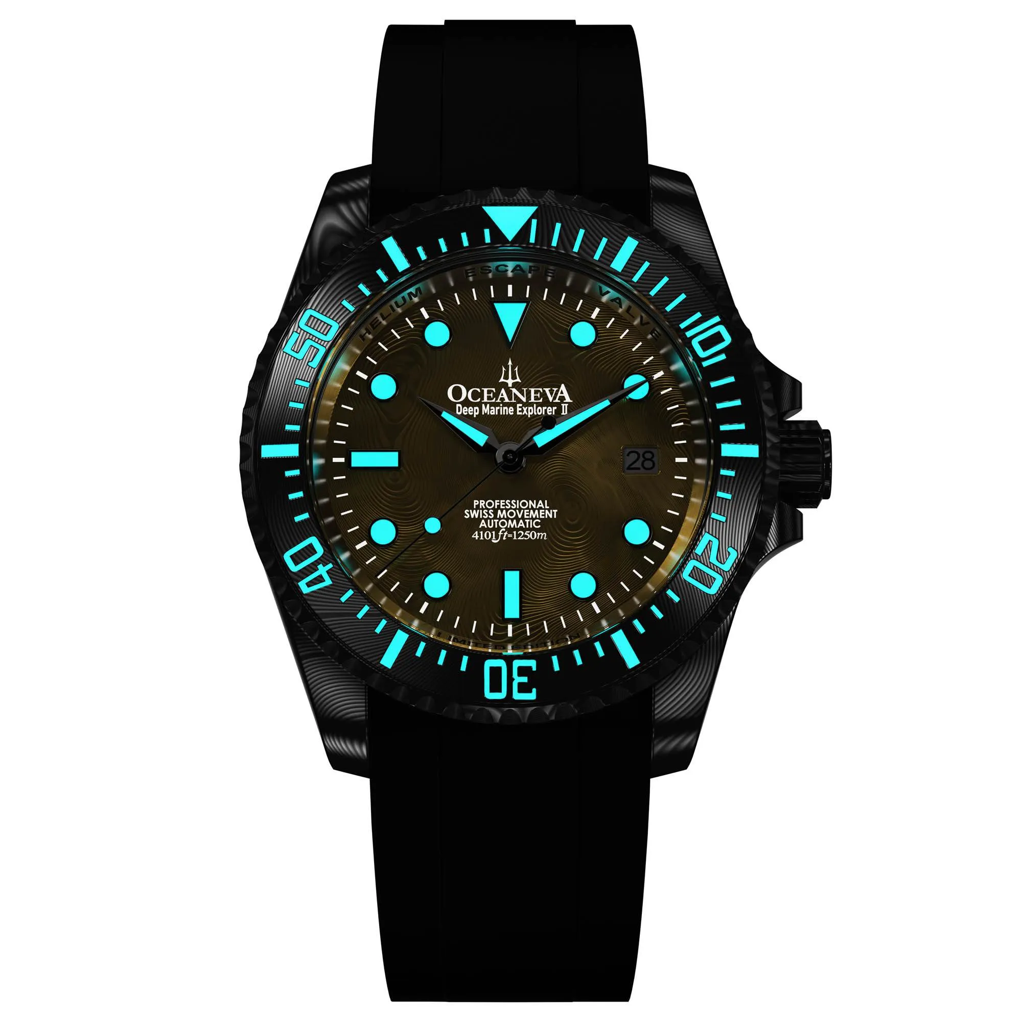 Oceaneva Mens Deep Marine Explorer II Yellow Gold Gold Damascus Steel Dial Watch Rubber