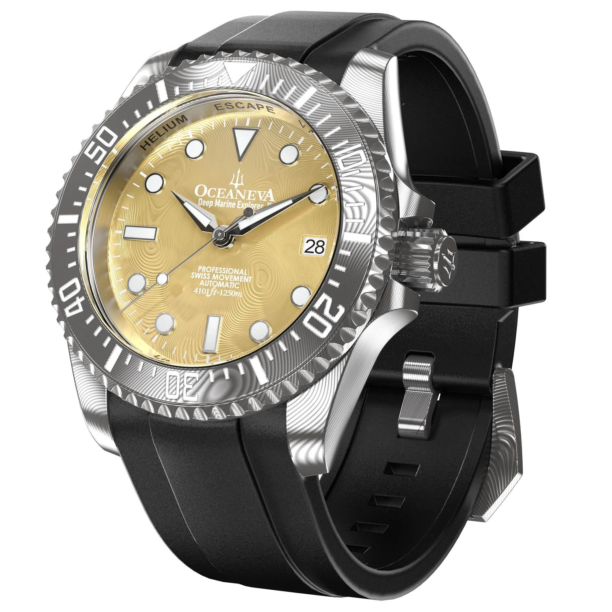 Oceaneva Mens Deep Marine Explorer II Yellow Gold Gold Damascus Steel Dial Watch Rubber