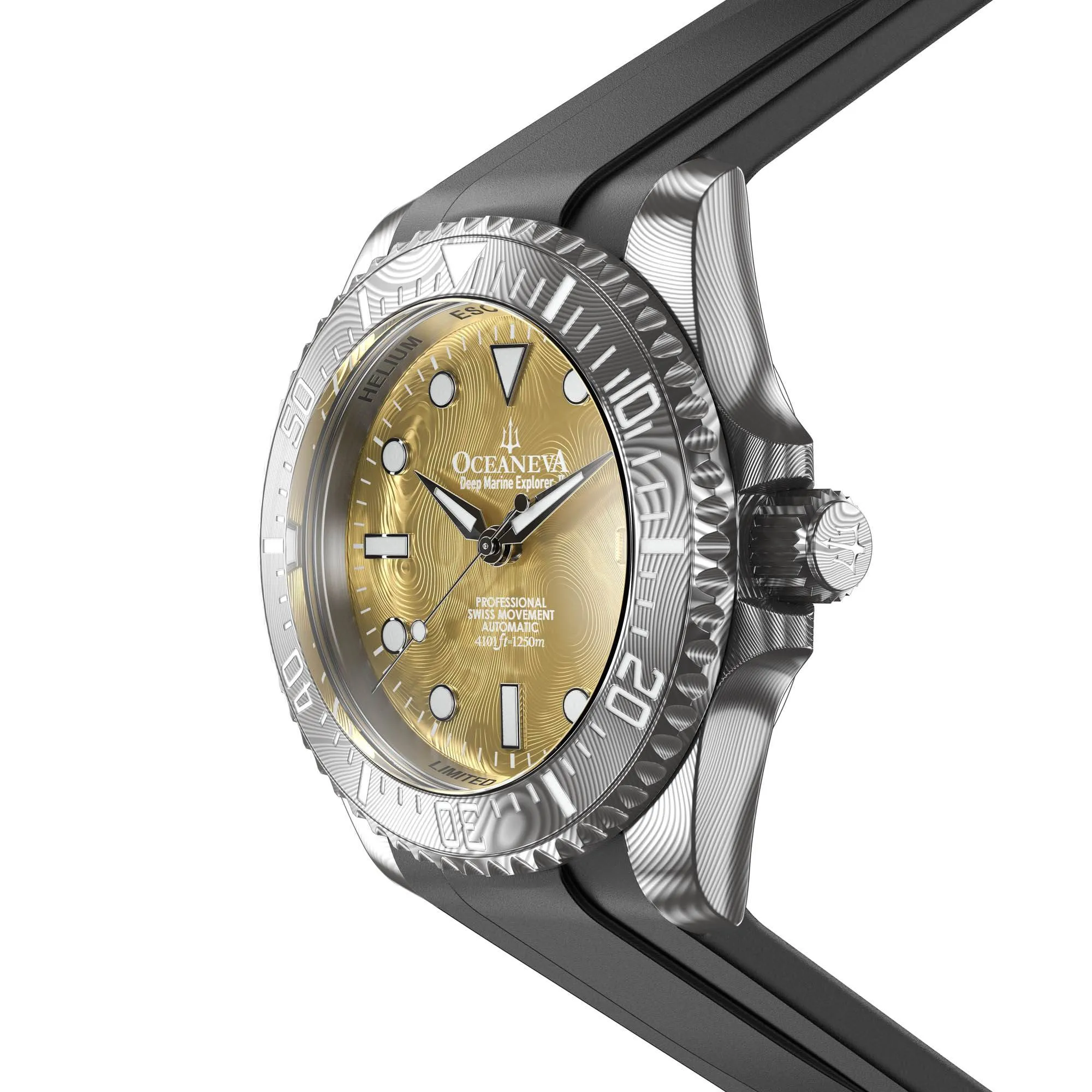 Oceaneva Mens Deep Marine Explorer II Yellow Gold Gold Damascus Steel Dial Watch Rubber