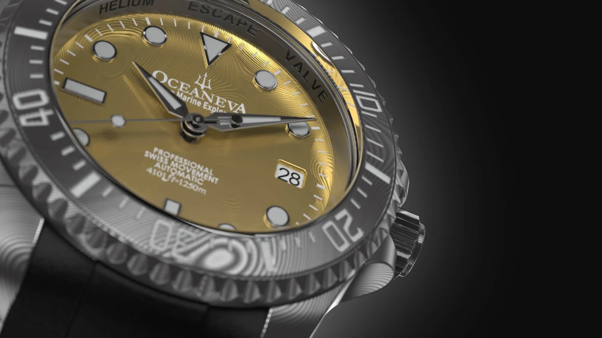 Oceaneva Mens Deep Marine Explorer II Yellow Gold Gold Damascus Steel Dial Watch Rubber