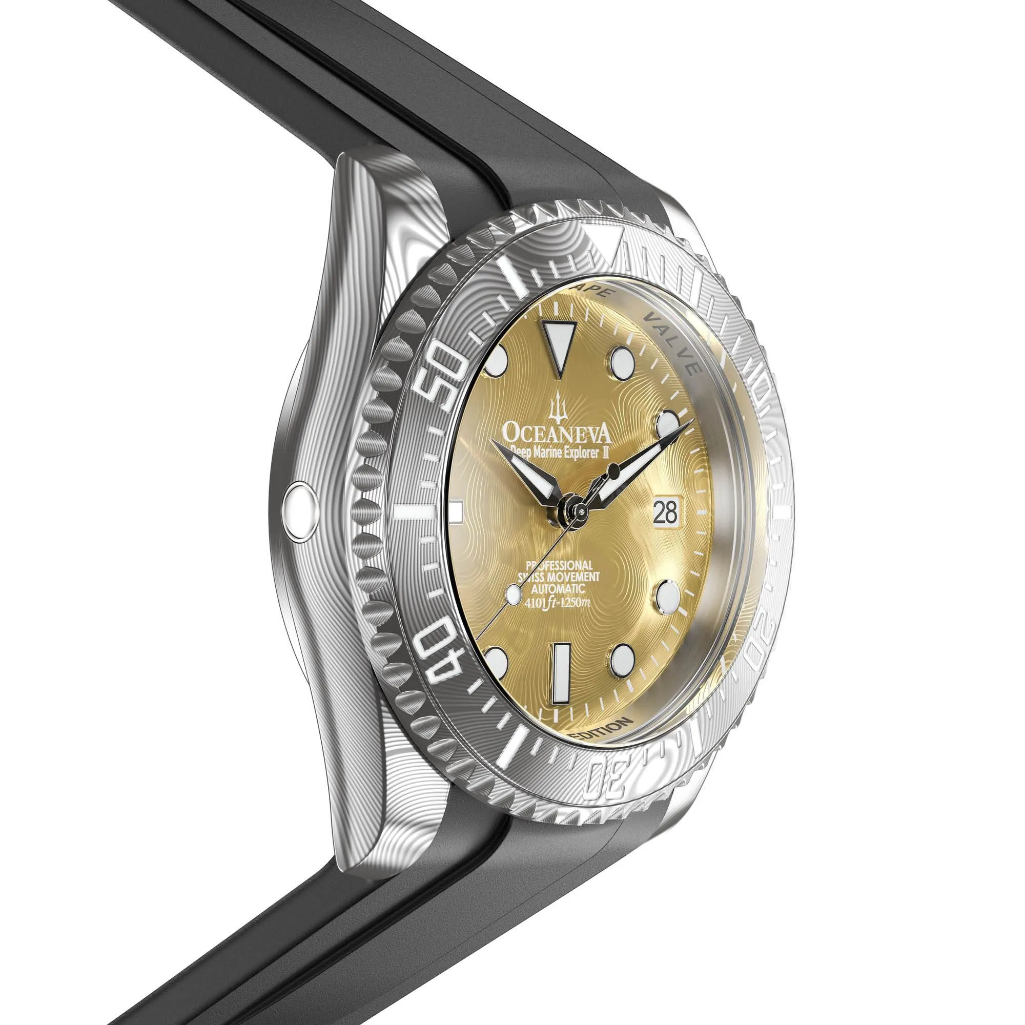 Oceaneva Mens Deep Marine Explorer II Yellow Gold Gold Damascus Steel Dial Watch Rubber
