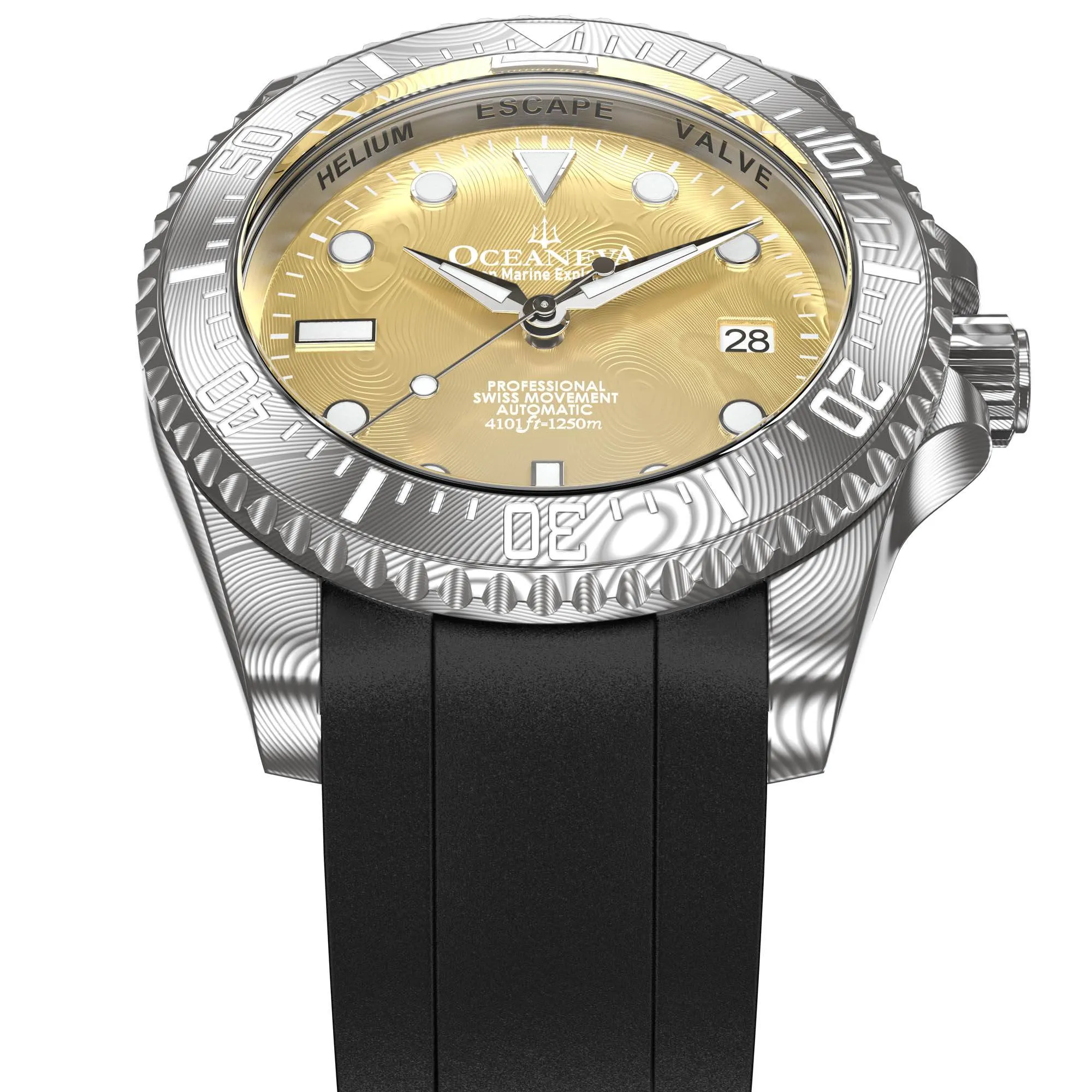 Oceaneva Mens Deep Marine Explorer II Yellow Gold Gold Damascus Steel Dial Watch Rubber