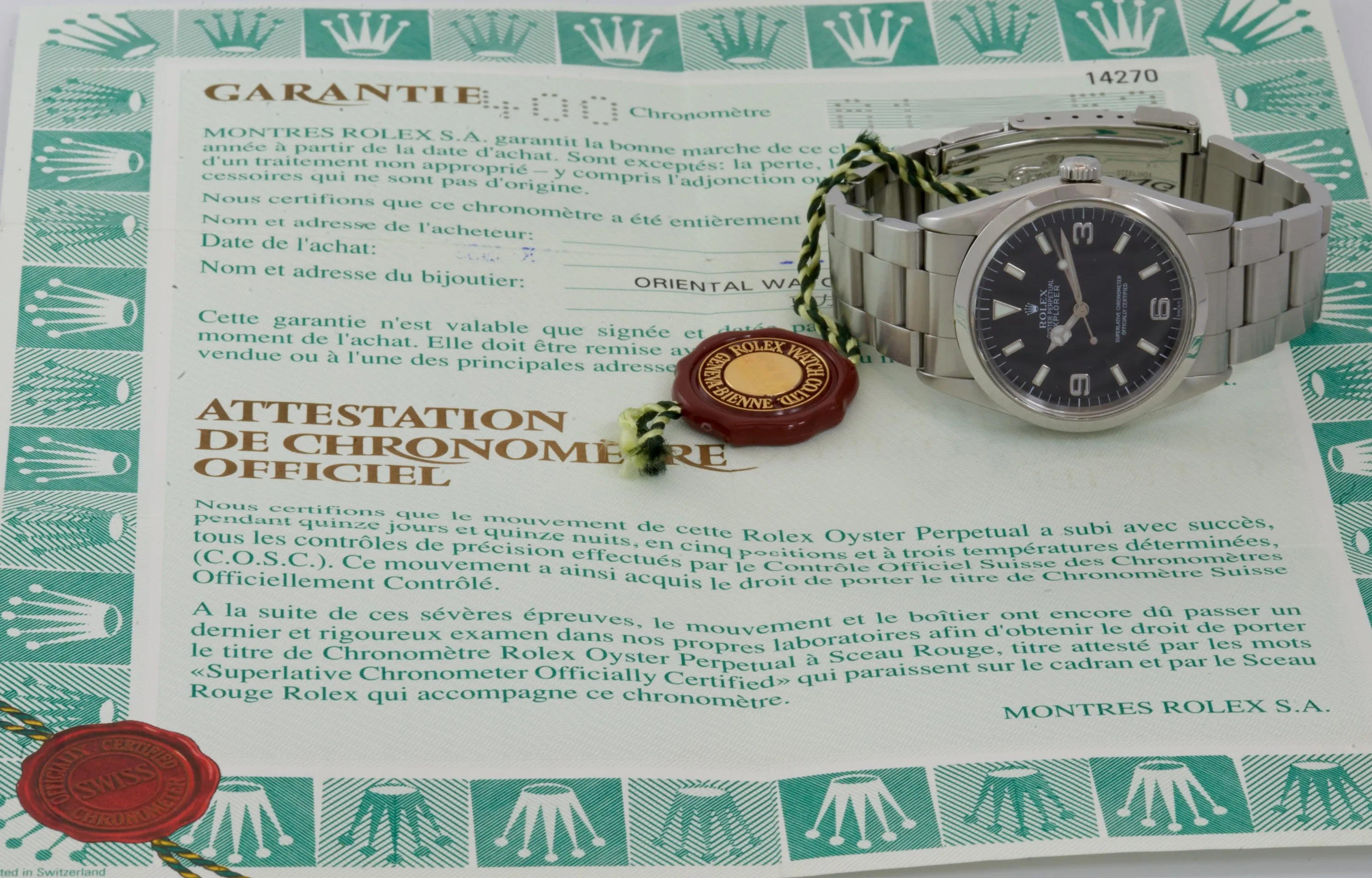 Rolex Explorer I, "Swiss" Only Dial, Ref: 14270 (B&P 1999)