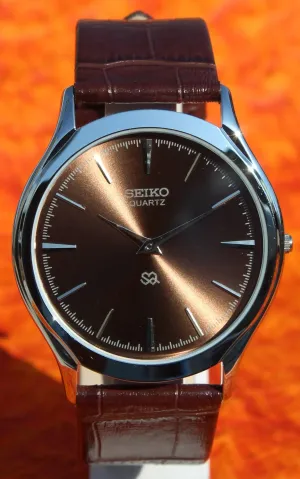 Seiko Quartz Super Slim Two Hands Japan Made Stainless Steel Case Brown Dial Wristwatch