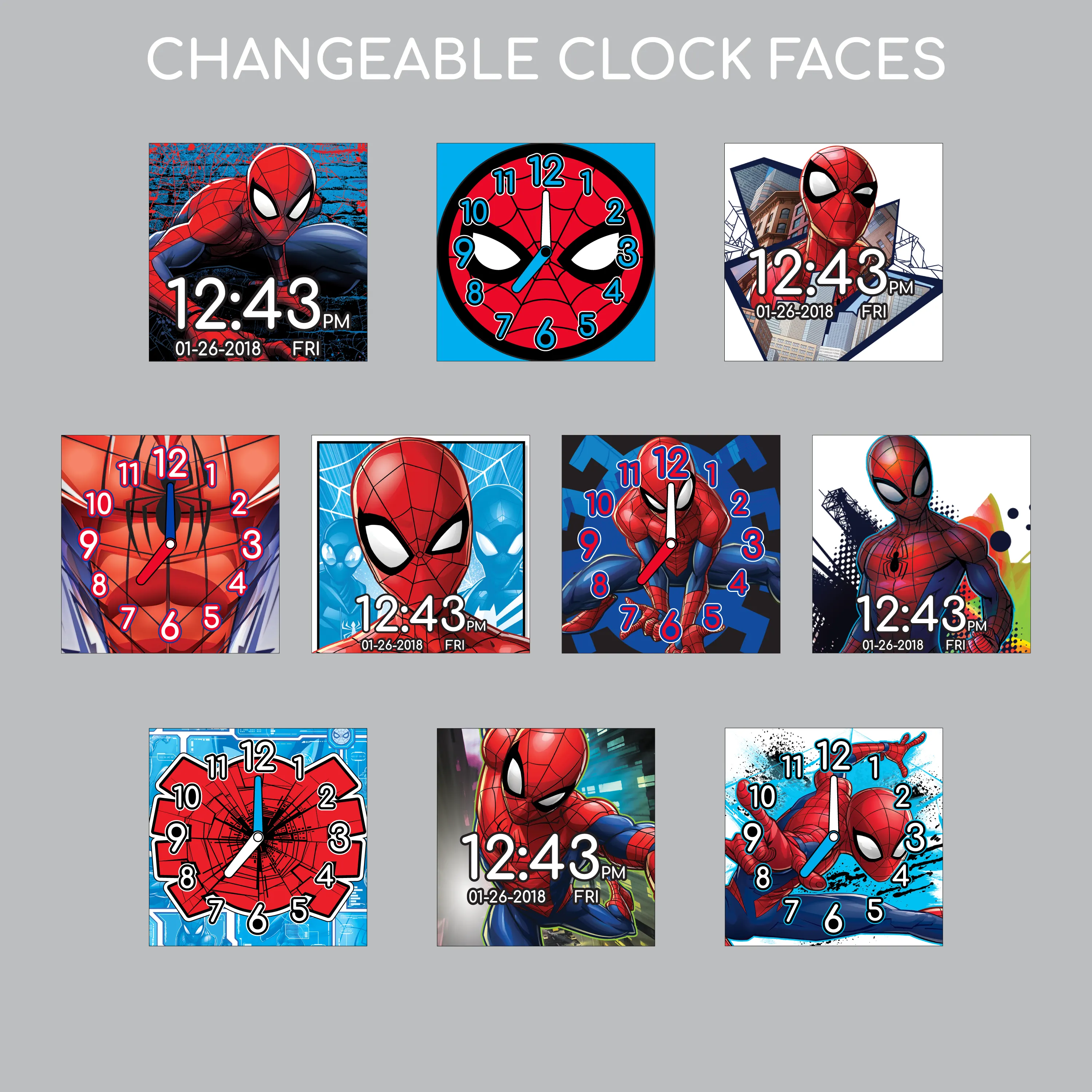 Spiderman iTime Kids Smart Watch - Include: 3 wallpapers, 10 clock faces, step counter, alarm, timer, stopwatch, games, selfie photo & video camera, voice recorder & calculator