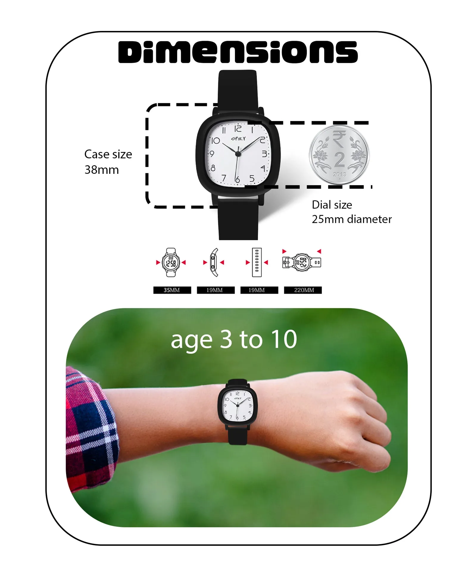 Spiky Eva19 Square Analog Watch for Kids - Black