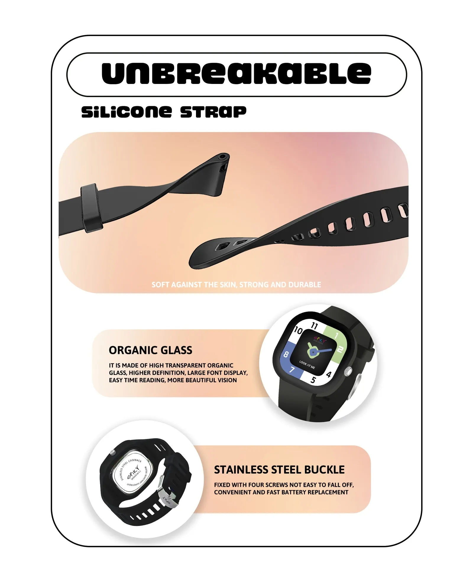 Spiky Square Analog Watch for Kids - Pink