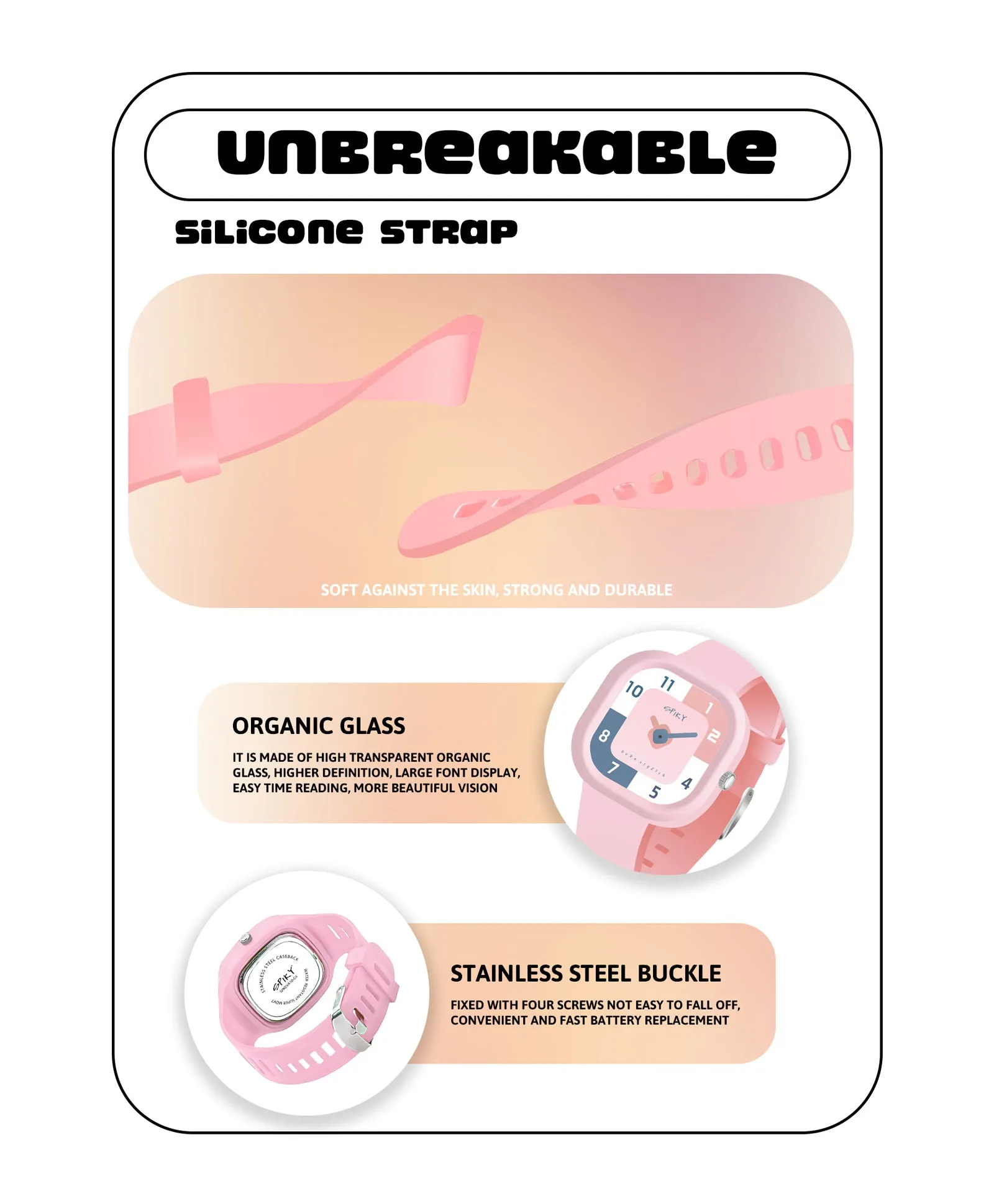 Spiky Square Analog Watch for Kids - Pink