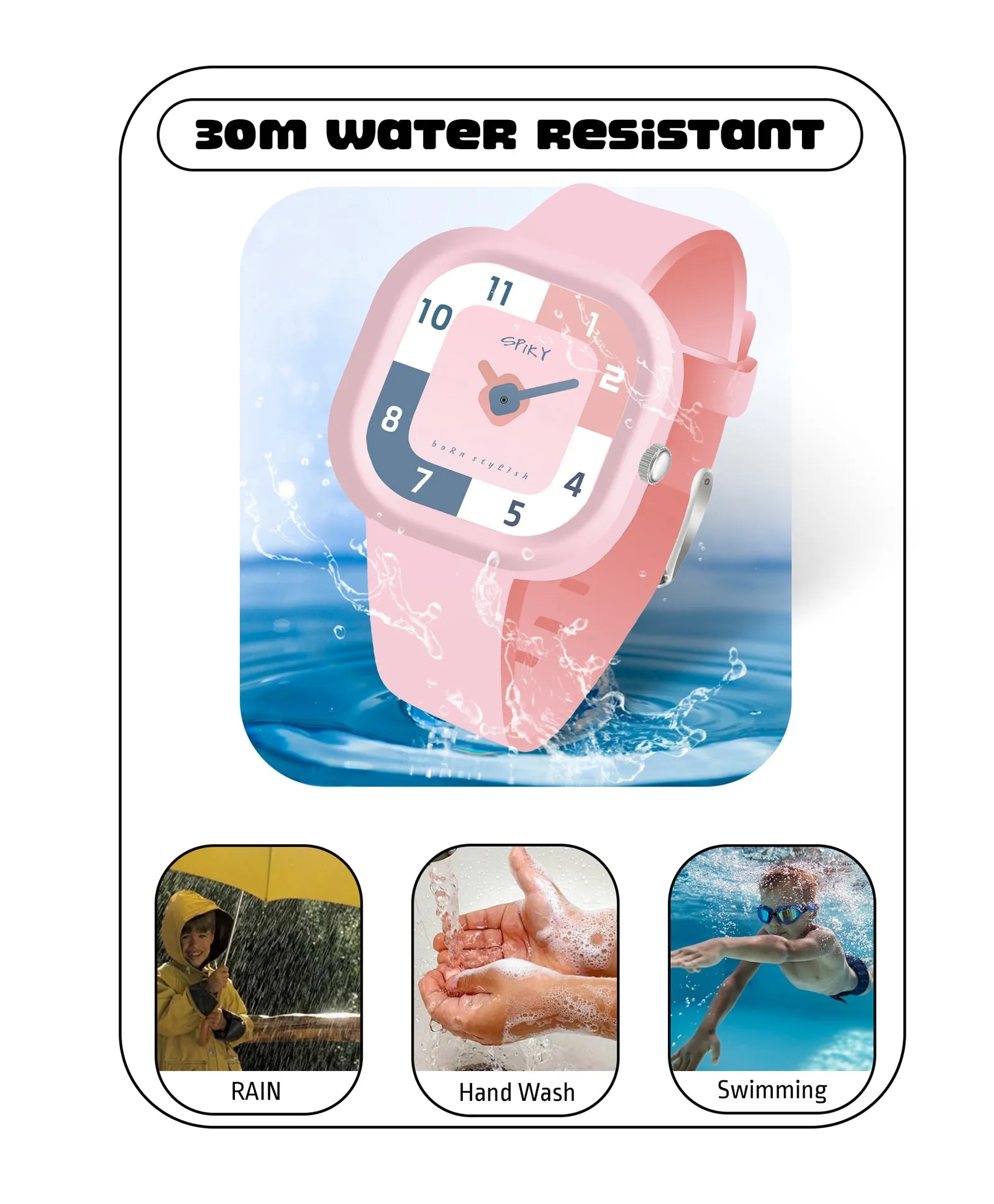 Spiky Square Analog Watch for Kids - Pink