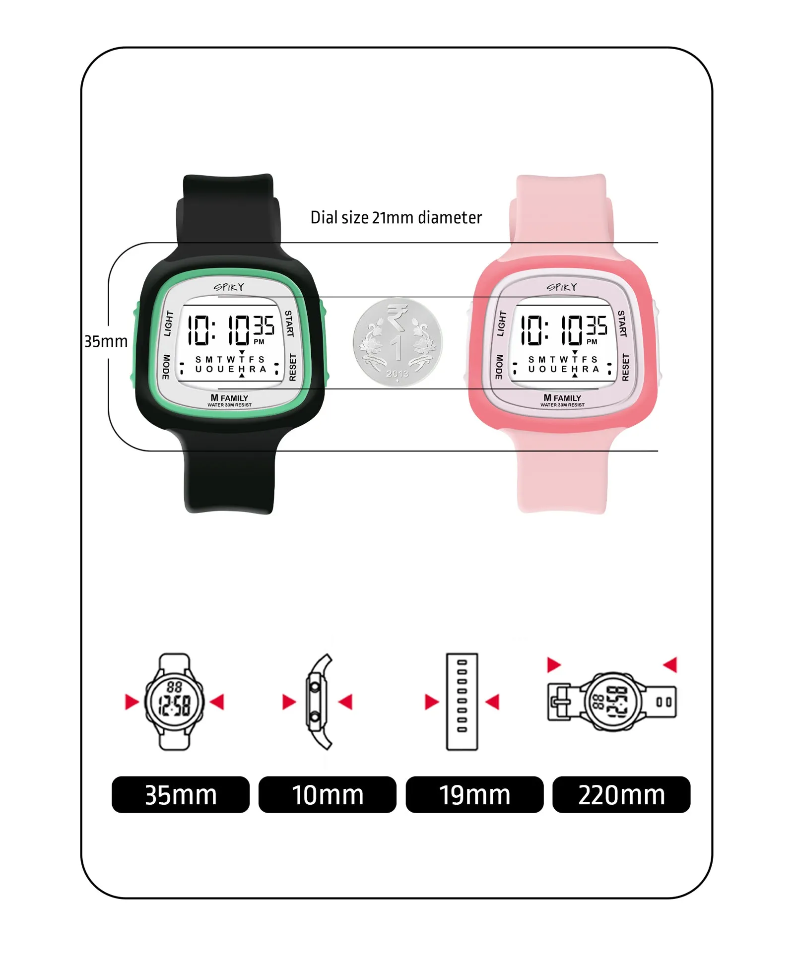 Spiky Unique Square Digital Watch for Kids Combo - Black Pink