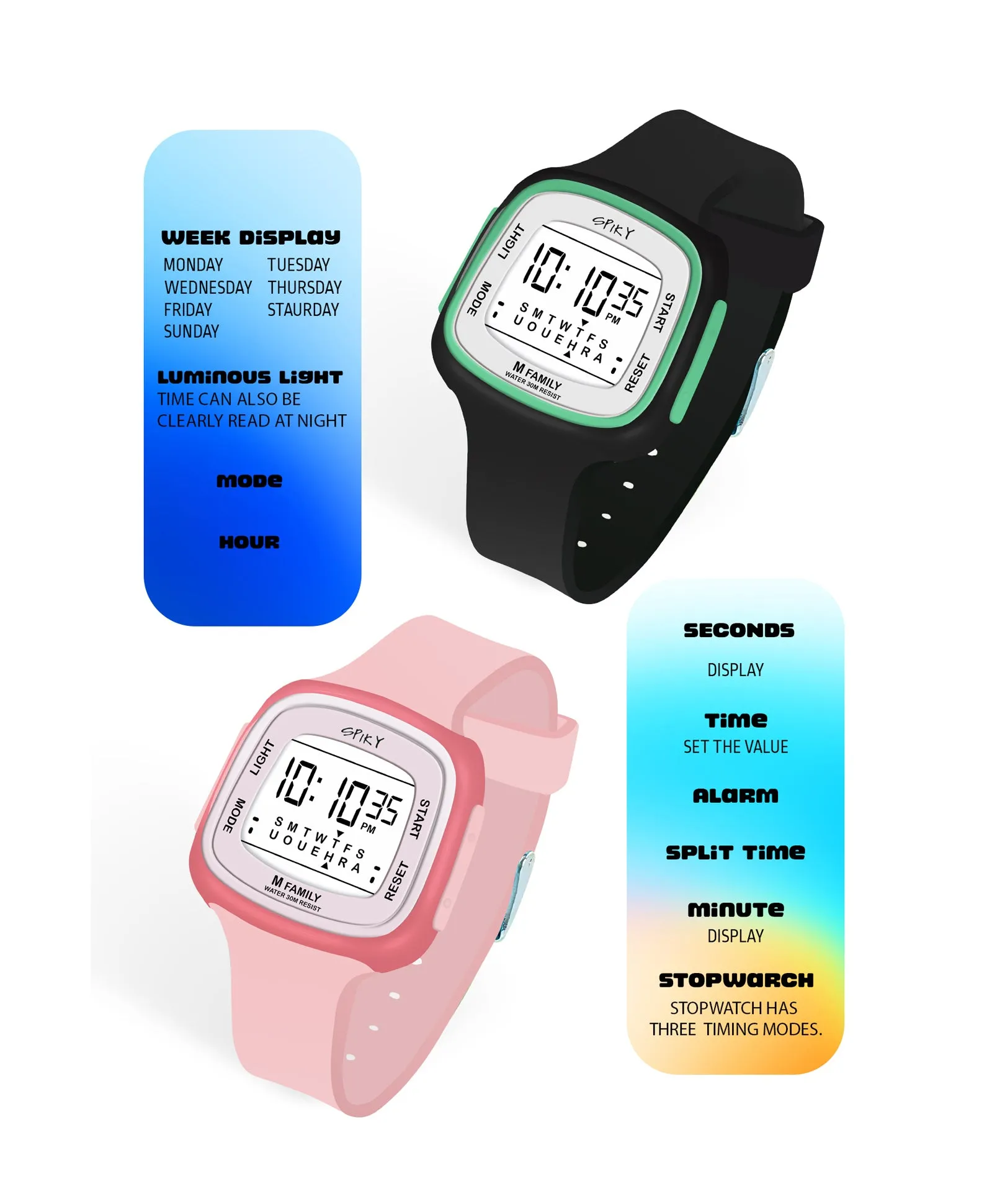 Spiky Unique Square Digital Watch for Kids Combo - Black Pink