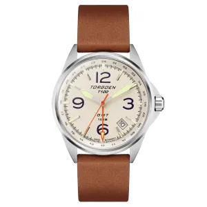 T100 Matte Cream GMT | 38mm , Brown Leather Strap