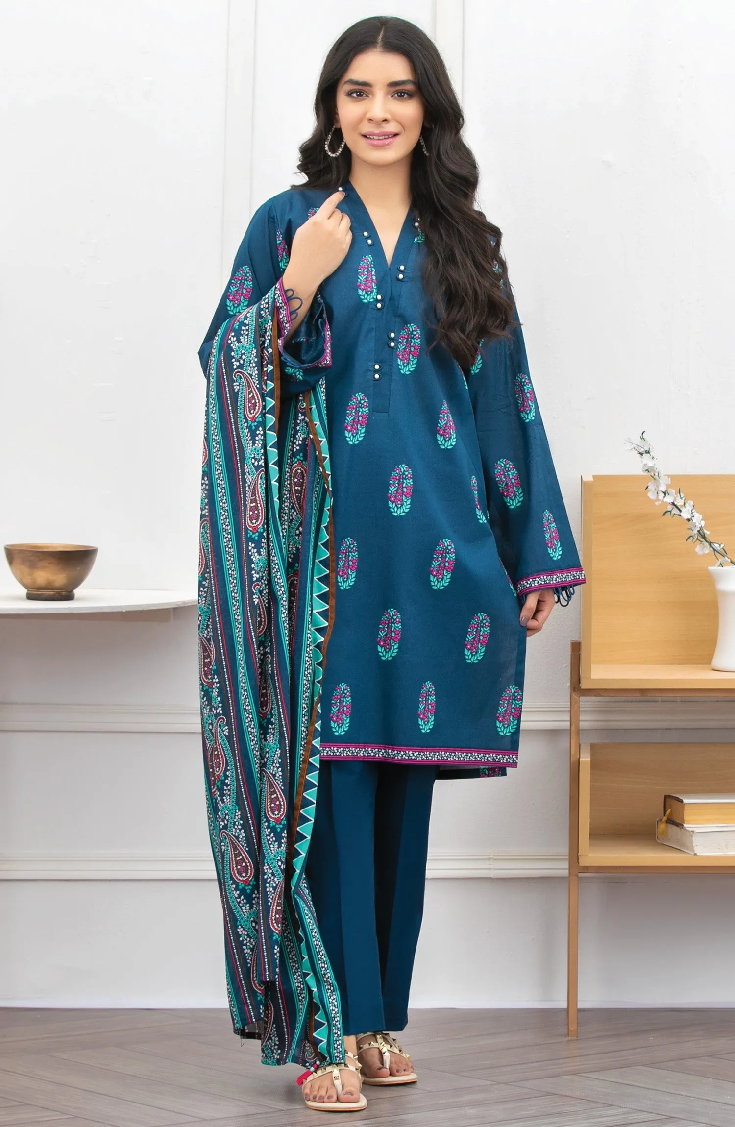 Unstitched 3 Piece Printed Lawn Suit (OTL-21-171/U BLUE)