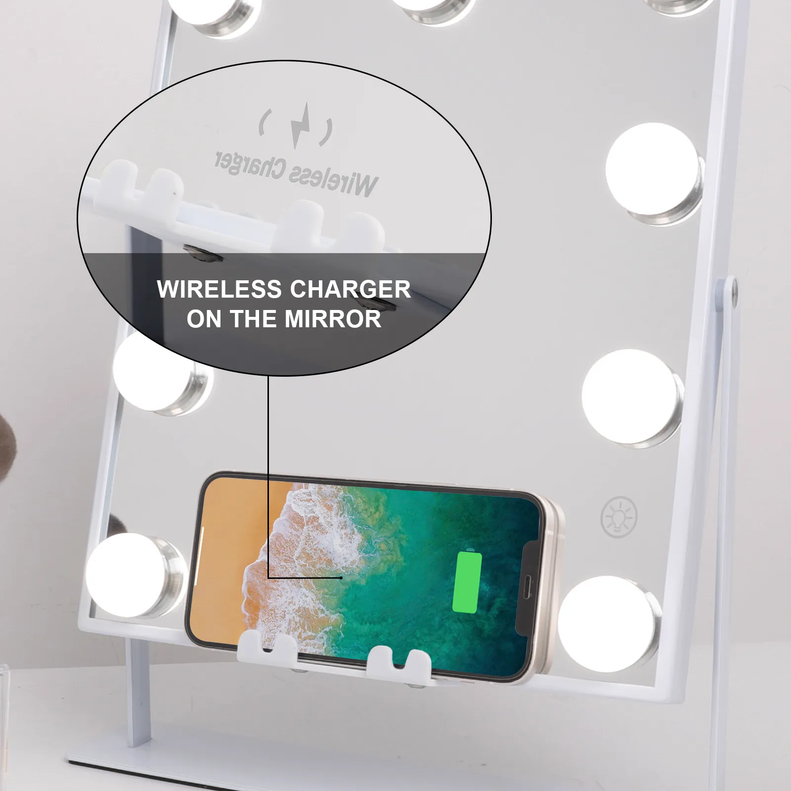 VANITII Hollywood  Vanity Makeup Mirror Perfect Size Wireless Charge Bluetooth Speaker 3 Light Adjustable 9 LED BulbS 360 Degree Rotation 10X Magnifying Glass Color Handle Setting Cosmetic