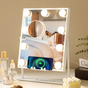 VANITII Hollywood  Vanity Makeup Mirror Perfect Size Wireless Charge Bluetooth Speaker 3 Light Adjustable 9 LED BulbS 360 Degree Rotation 10X Magnifying Glass Color Handle Setting Cosmetic