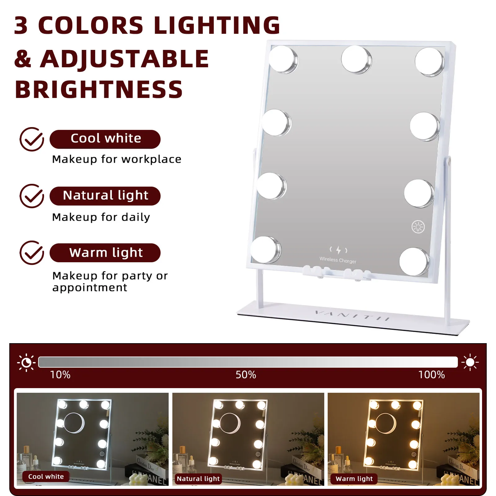 VANITII Hollywood  Vanity Makeup Mirror Perfect Size Wireless Charge Bluetooth Speaker 3 Light Adjustable 9 LED BulbS 360 Degree Rotation 10X Magnifying Glass Color Handle Setting Cosmetic