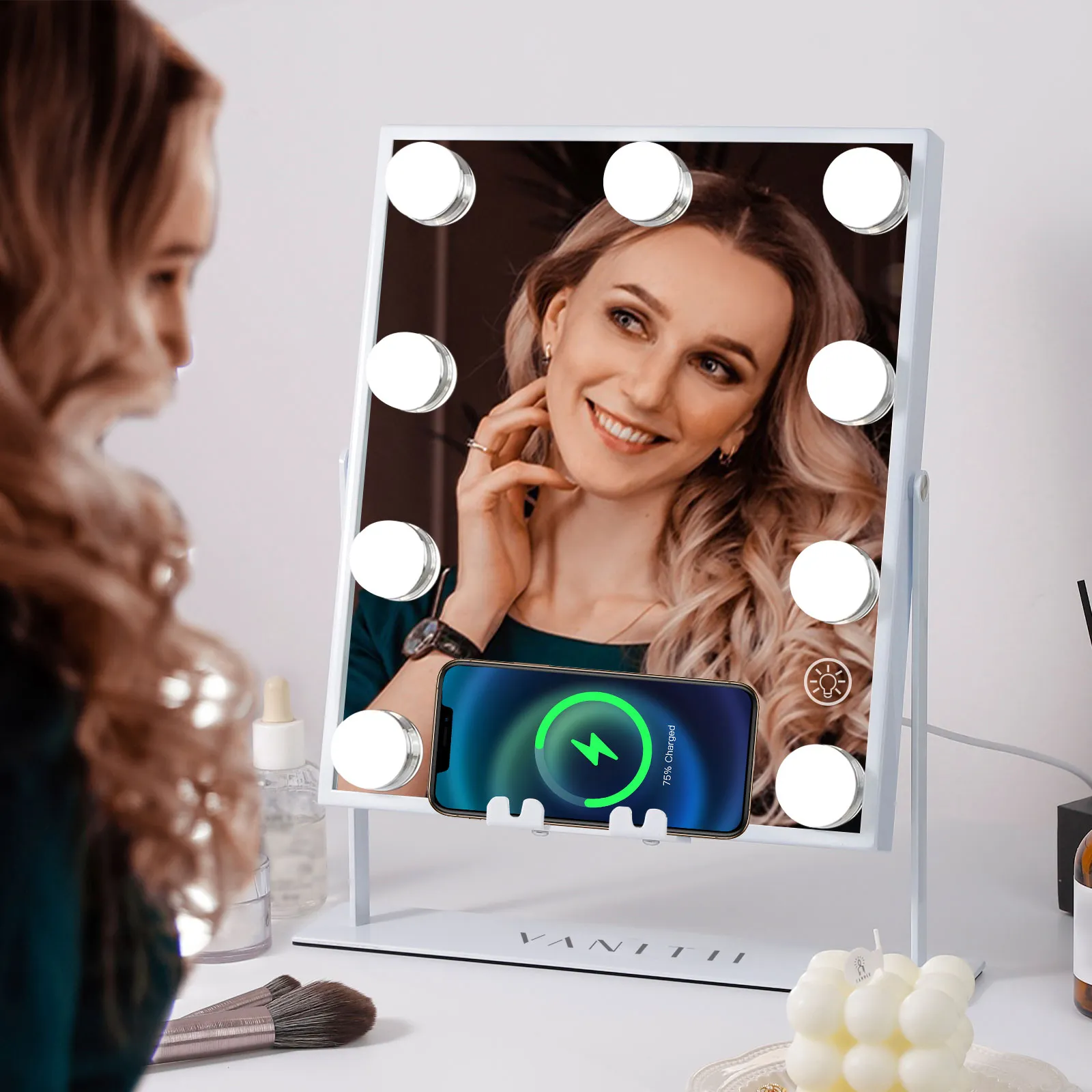 VANITII Hollywood  Vanity Makeup Mirror Perfect Size Wireless Charge Bluetooth Speaker 3 Light Adjustable 9 LED BulbS 360 Degree Rotation 10X Magnifying Glass Color Handle Setting Cosmetic