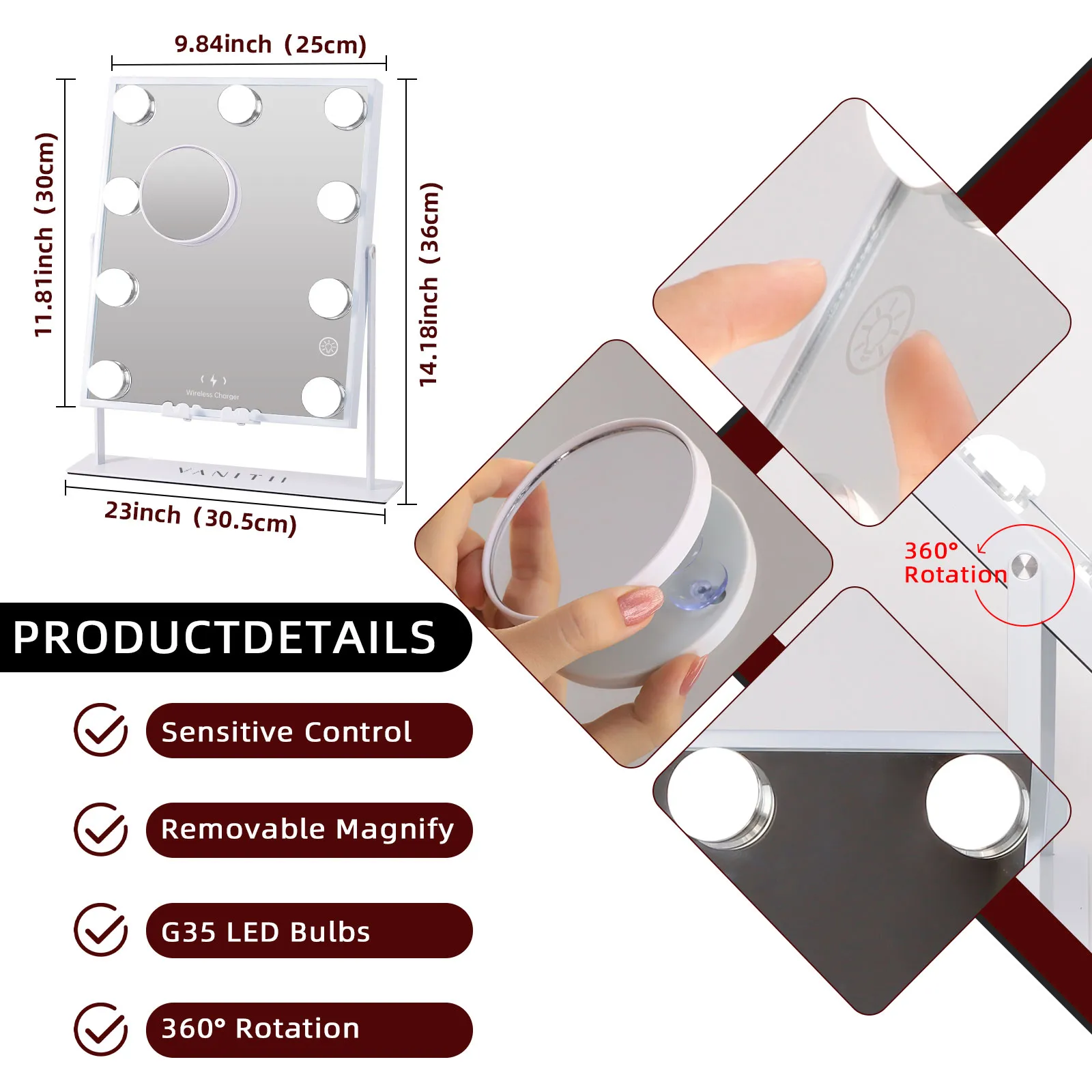 VANITII Hollywood  Vanity Makeup Mirror Perfect Size Wireless Charge Bluetooth Speaker 3 Light Adjustable 9 LED BulbS 360 Degree Rotation 10X Magnifying Glass Color Handle Setting Cosmetic