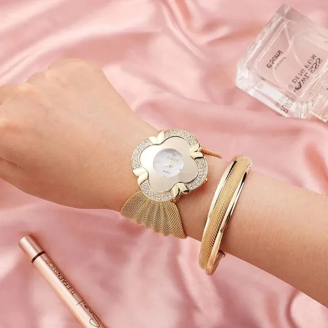 Watch Flower Oval Broadband Gold Silver Mesh Band Watch Women's Quartz Watch Set S4688088