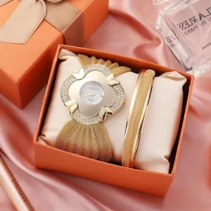 Watch Flower Oval Broadband Gold Silver Mesh Band Watch Women's Quartz Watch Set S4688088