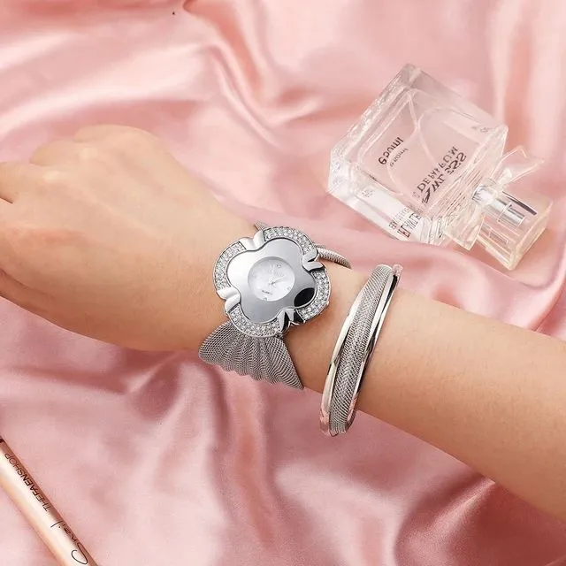 Watch Flower Oval Broadband Gold Silver Mesh Band Watch Women's Quartz Watch Set S4688088