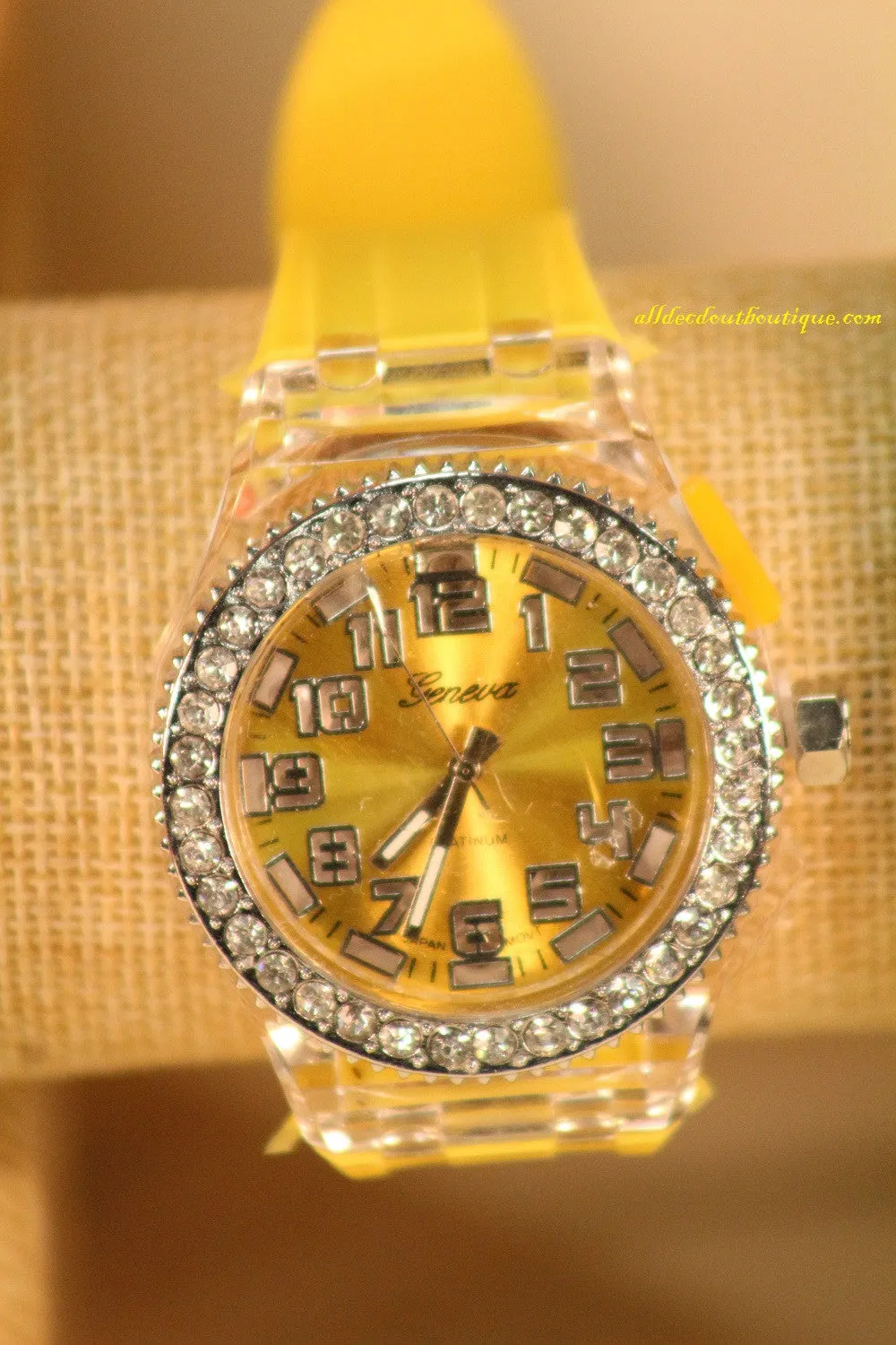 Yellow, Clear Crystals Light Up Large Face | Silicone Band with Clasp