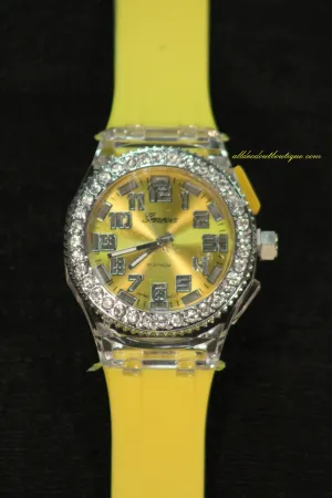 Yellow, Clear Crystals Light Up Large Face | Silicone Band with Clasp