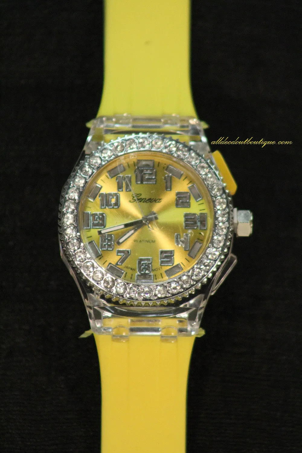 Yellow, Clear Crystals Light Up Large Face | Silicone Band with Clasp